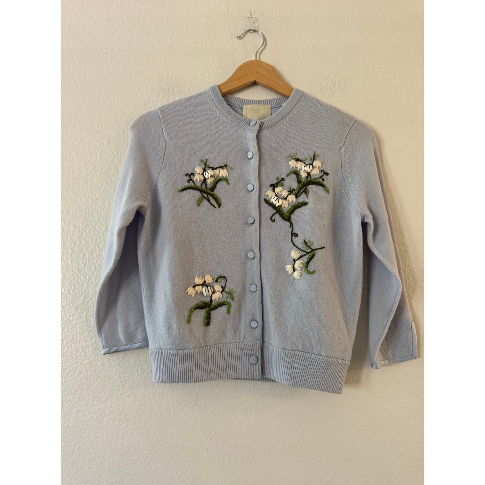 DOEN Heirloom Cardigan Floral Embroidered Button Front XS Light Blue Good
